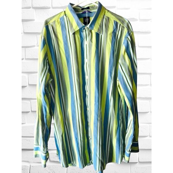 GAP Men’s Size XL Green Blue & White Striped Fitted Premium Button Down Shirt - Picture 1 of 7